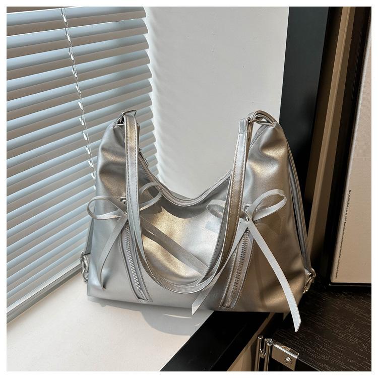 Fashion Bow Design Women's Shoulder Hobos Bags Casual Soft Pu Ladies Backpack Handbags Simple Solid Color Girls Underarm Tote
