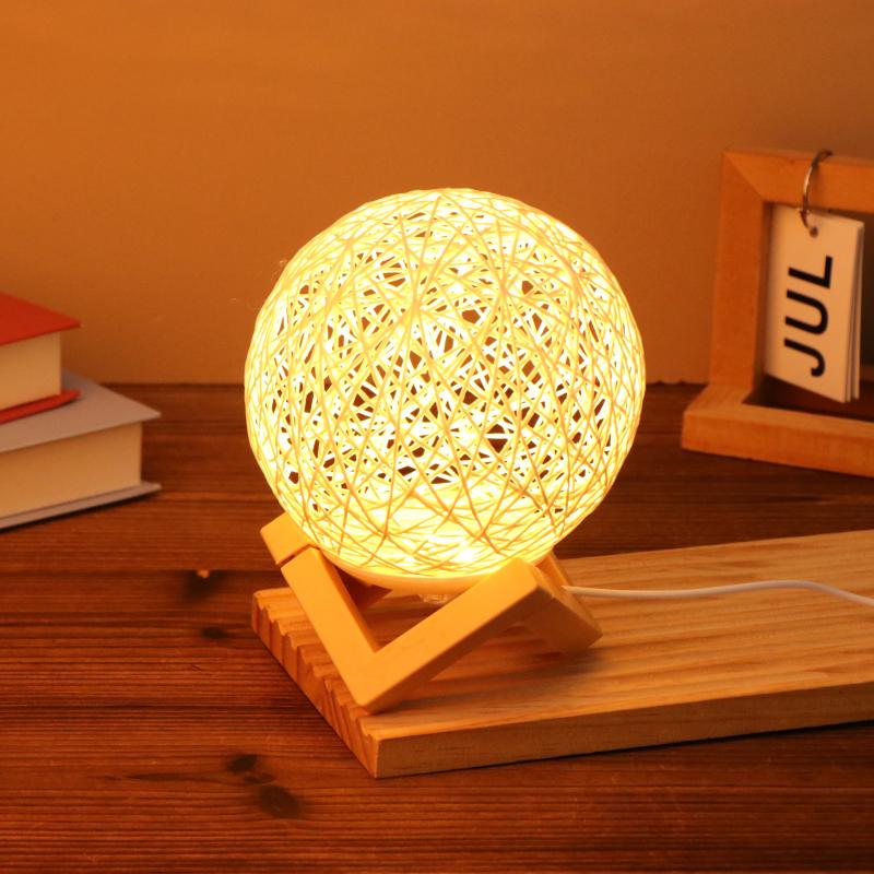 1 шт. Настольная лампа из ротангового шара, USB-вилка, регулируемая яркость, ночник, подарок, деревянная подставка, декор для прикроватной тумбочки, ночник для спальни