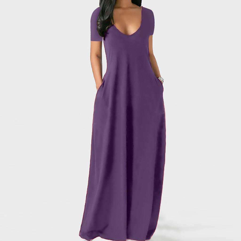 Константин Мода Женщины Повседневная Плюс Размер Твердые V-образным вырезом Карманы Короткие рукава Длинное платье