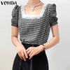 Summer Women Square Collar Plaid Lace Hem Patchwork Puff Sleeve T-shirts