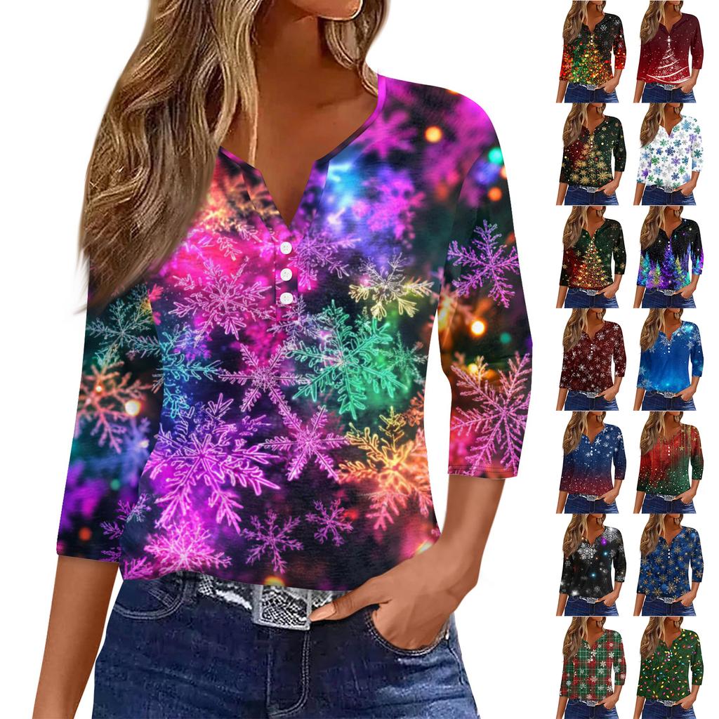 Women's Fashionable Casual Christmas Printed V-neck Three-quarter Sleeve Decorated Button Top