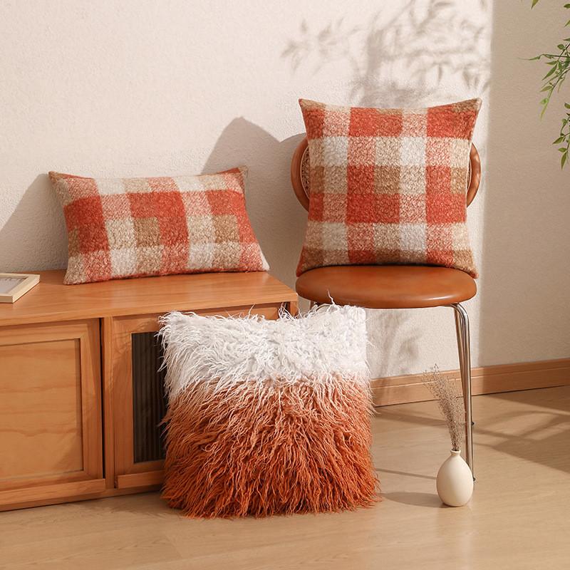 Pillowcase Only Luxurious Plush Gradient Orange Sheepskin Throw Pillow Cover Modern Minimalist