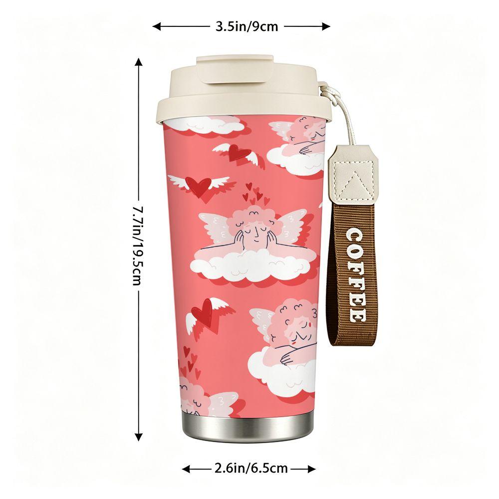 Pink Cupid Angel Heart Print Travel Insulated Coffee Tumbler Double Walled Vacuum Thermal Cup Leakproof Reusable Mug for Daily Commute Gift