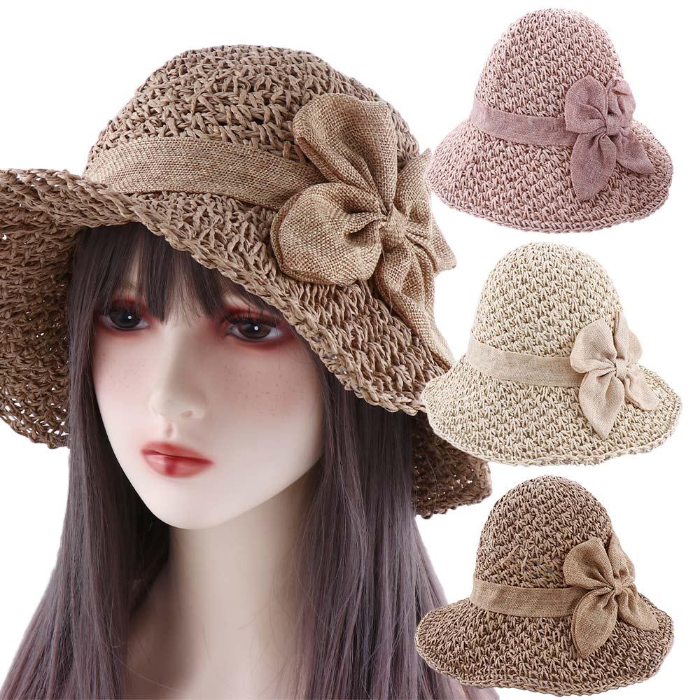 Casual Unique Anti-UV Sun Hat Matching Solid Color Bow Bucket Hats Shading Hat Korean Style Cap Seaside Straw Hat Women Sun Hat