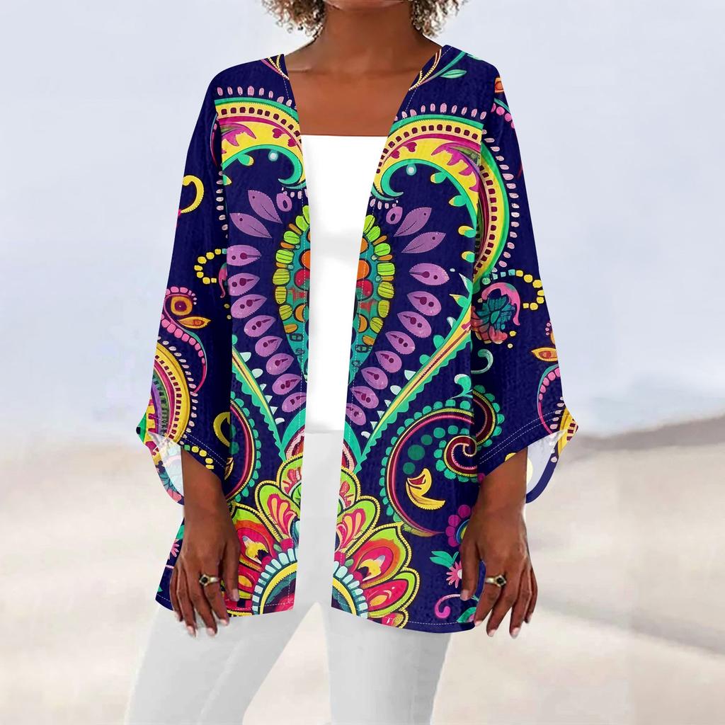 Women's Casual Fashion Caot Retro Printed Lightweight Medium Length Jacket Cardigan
