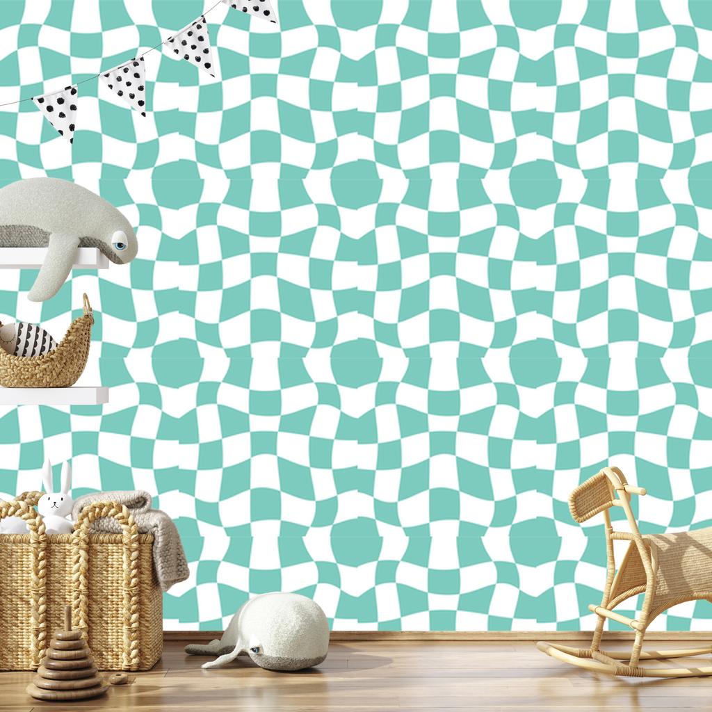 Wallpaper Casual Checkerboard White, Sea Blue and Mint 50x1000