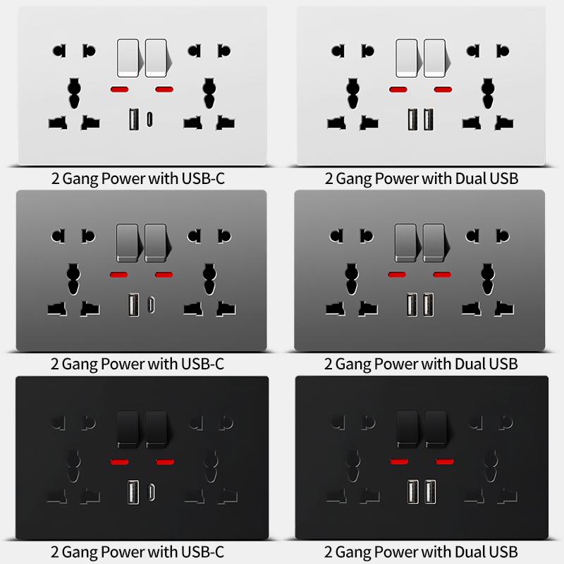 Универсальная настенная розетка с USB-C, USB-зарядным устройством и выключателями - 2-местная розетка с LED-индикатором, для скрытого монтажа, AC 110-250V
