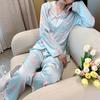 2025 Весна Осень Милый мультяшный медведь Принт Женский пижамный комплект сине-белая искусственный шелк атлас пижамный комплект с длинным рукавом пижама женская домашняя одежда