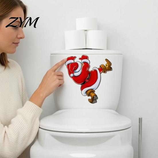 Creative Toilet Seat Clings Christmas Sticker, Funny Santa Claus Decal, Waterproof Removable Wall Stickers PVC Holiday Bathroom Decor for Home