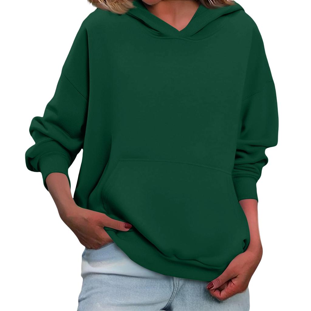 Women's Loose Long Sleeved Solid Color Casual Fleece Pullover Hooded Sweatshirt