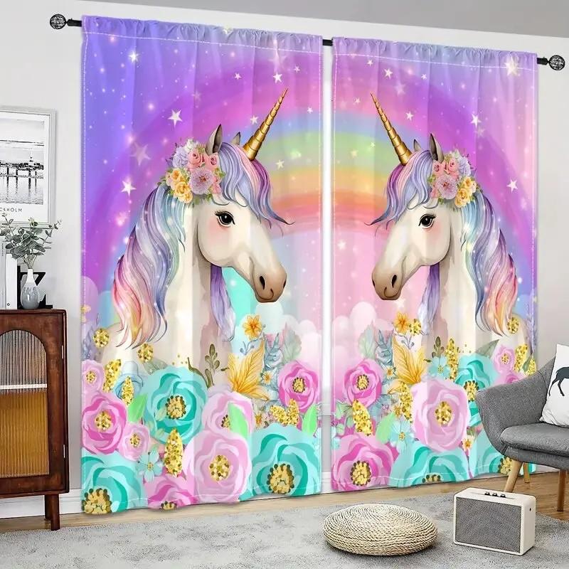Jit 2Pcs Floral Unicorn Printed Curtain Design Drapes Polyester Window Decor For Home Living Room Kids Room Rod Pocket Curtai