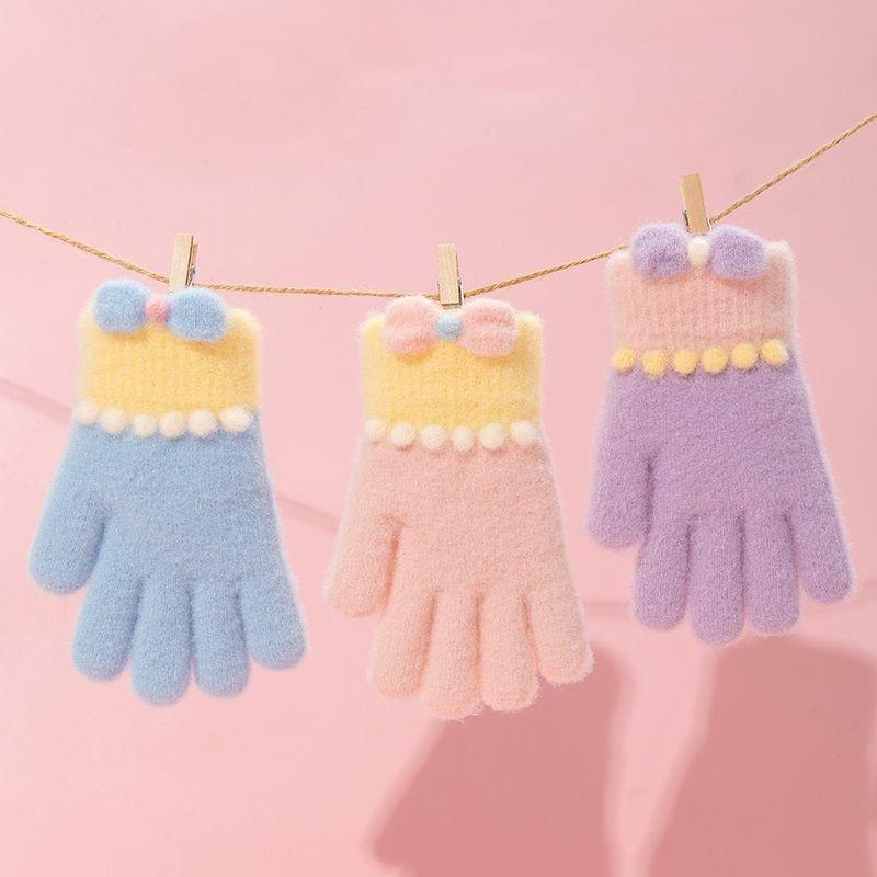 Защищающие от холода осенне-зимние перчатки, утолщенные, с бантом, полнопалые, детские вязаные перчатки, ветрозащитные, термо, толстые снежные перчатки