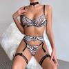 Women's Zebra Pattern Lingerie Set Sexy Underwear Set Four-piece Bra Thongs Neck Ring Set