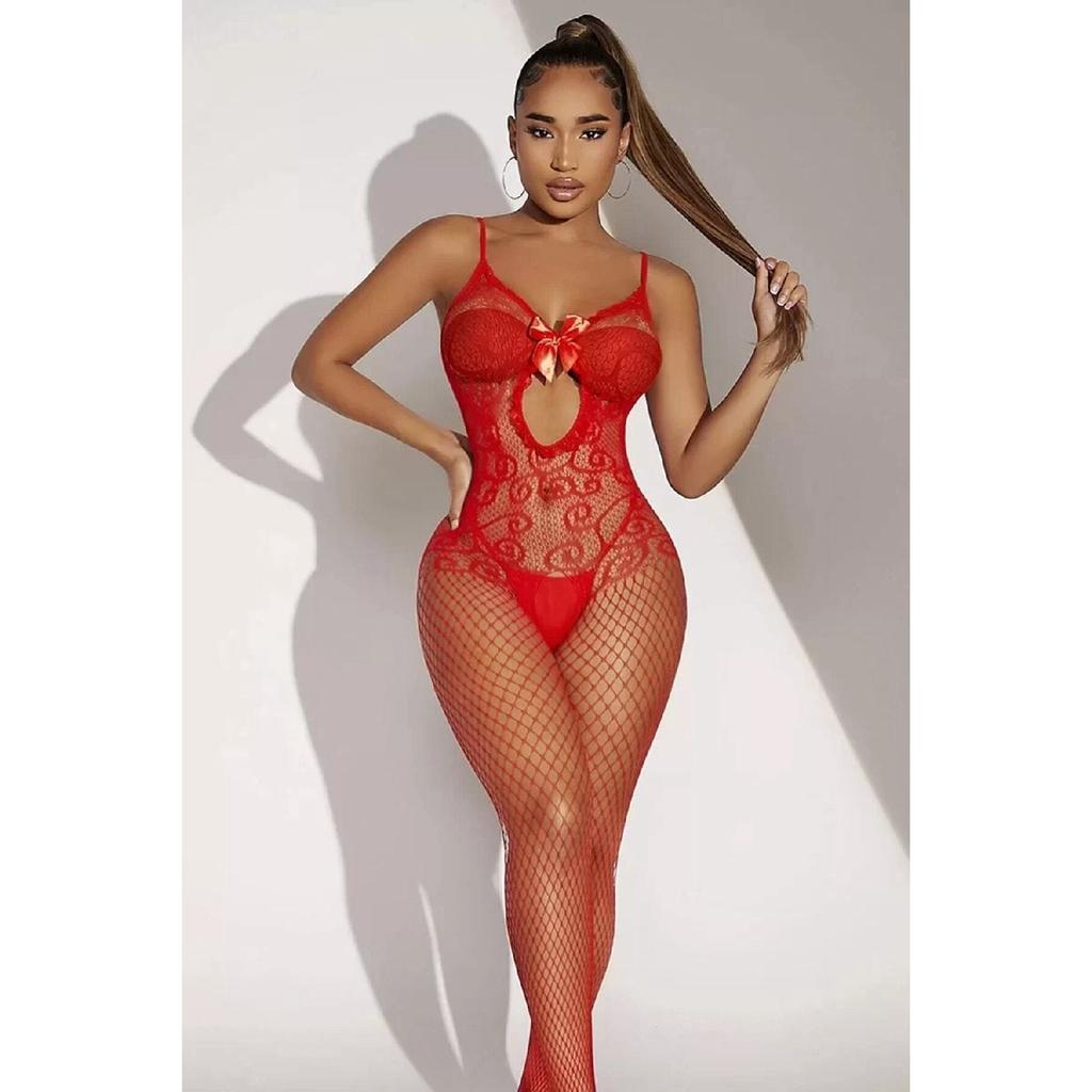 Women's Red Fantasy Private Zone Open Fishnet Body Stockings
