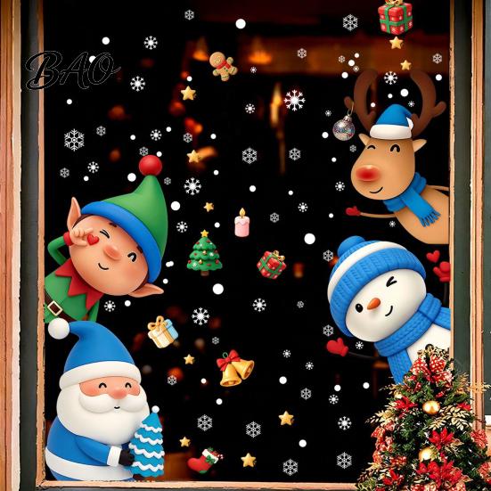 Family Party Glass Decorations Christmas Window Stickers Static Cling, Santa/Reindeer/Snowmen/Elves Print, Waterproof Kids Room Wall Art PVC Decal for