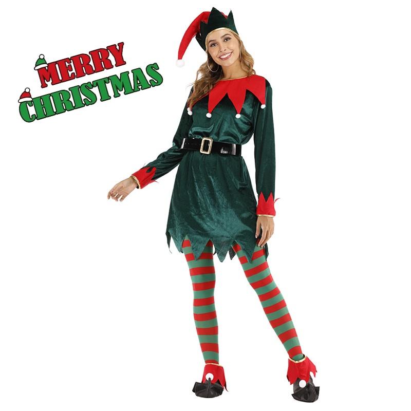 Women's Festive Xmas Elf Outfit Velvet Cosplay Costume With Bells