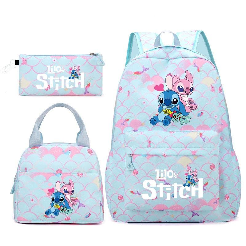 Stitch Student 3-Piece Backpack Set Large Capacity Double Shoulder Bag Cute Cartoon Unisex Durable Waterproof