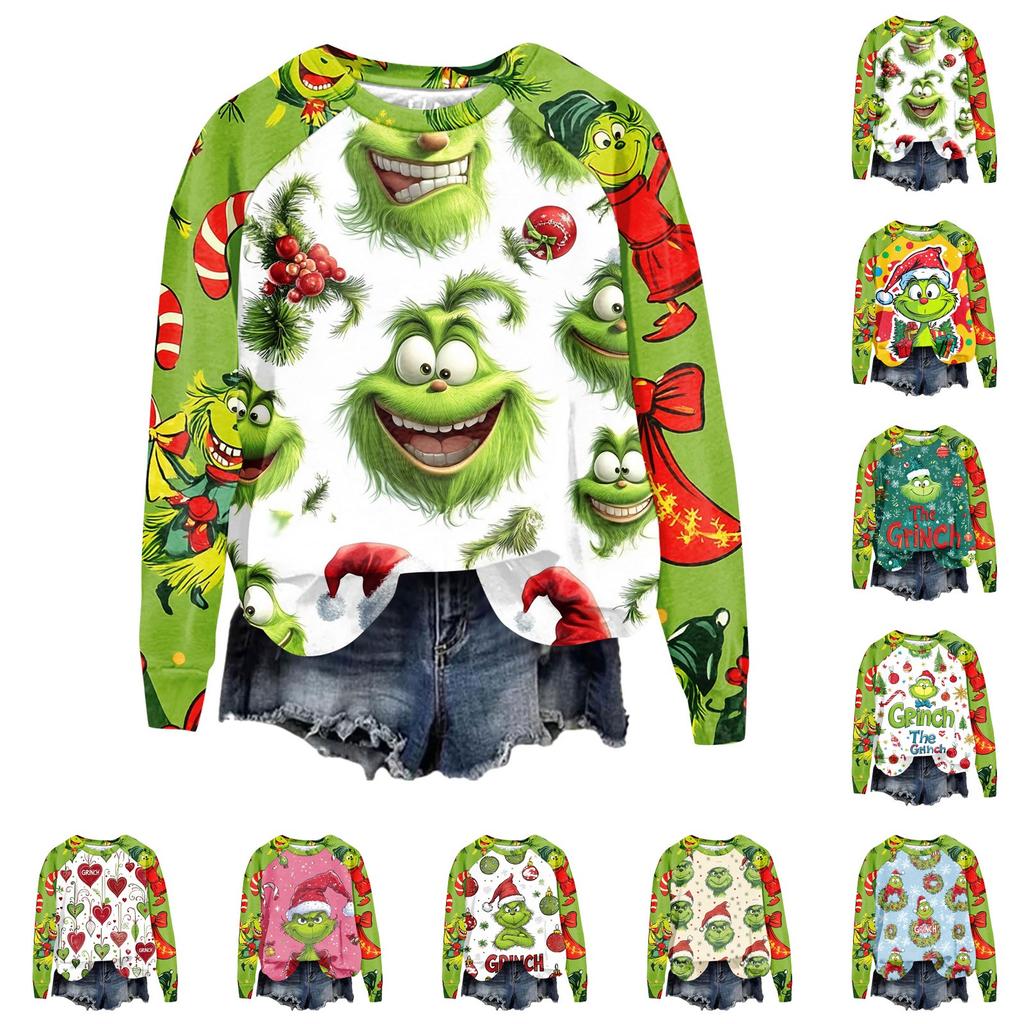 Women's Fashion Casual Long Sleeve Christmas Print Raglan Round Neck Sweatshirt Top