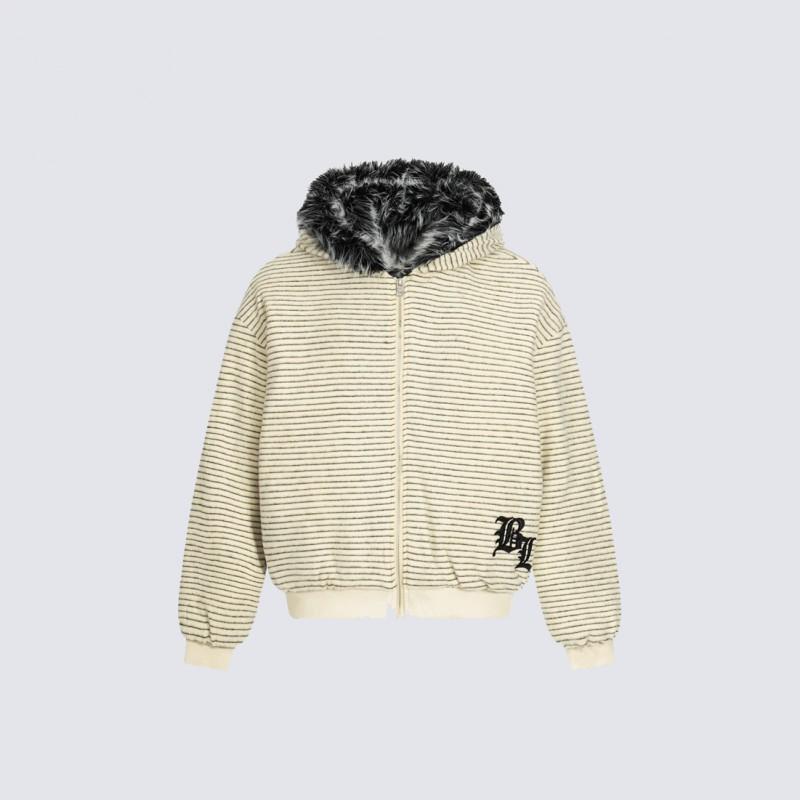 Unisex Gothic Embroidered Striped Fleece-Lined Hooded Cotton Padded Jacket Winter Warm Loose Fit