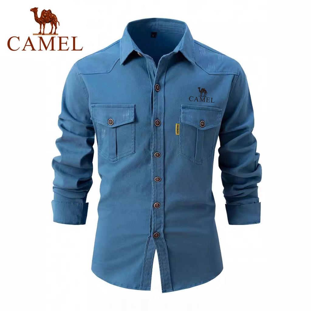 Camel Spring and Autumn New Embroidered European Size Shirt Men's Washed Elastic Pure Cotton Leisure Fashion Business Men's Long Sleeved Shirt