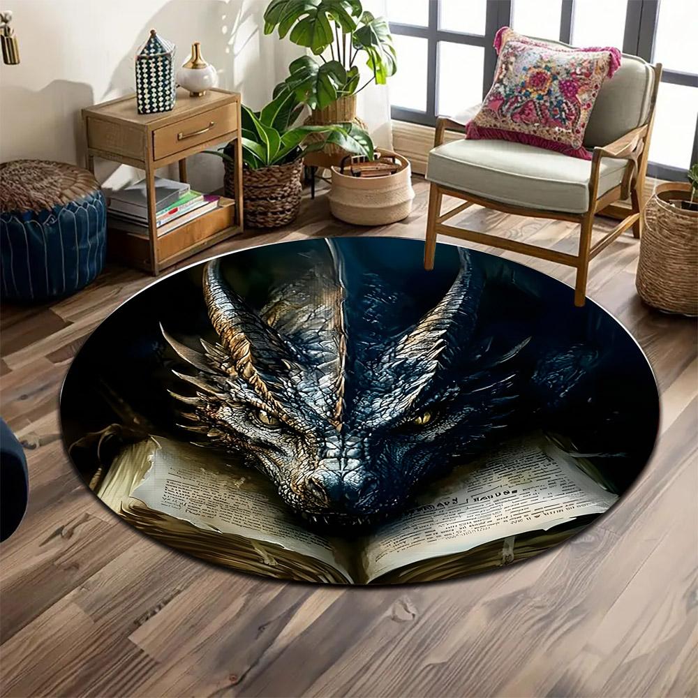 "Dragon with Book Rustic Fantasy Art" Print round rug, living room, bedroom, playroom carpet, non slip floor mat, gift