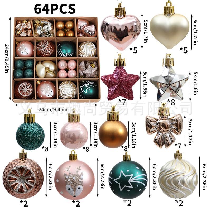64pcs Christmas Ornament Set - Painted Ball Decorations Tree With Star Heart Bow Design