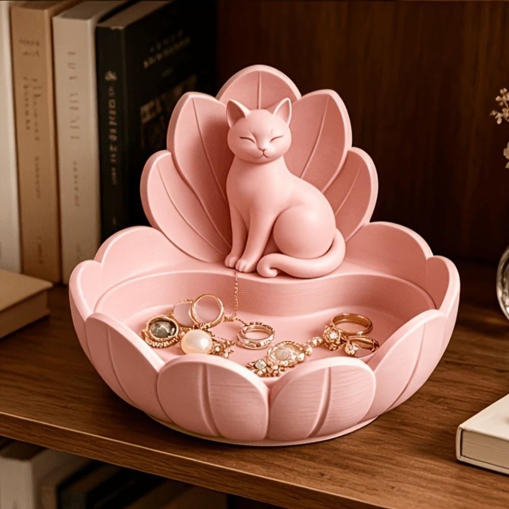 Lotus Shape Trinket Dish Resin Material Desktop Organizer Cat Figurine Holder Vanity Table Decor