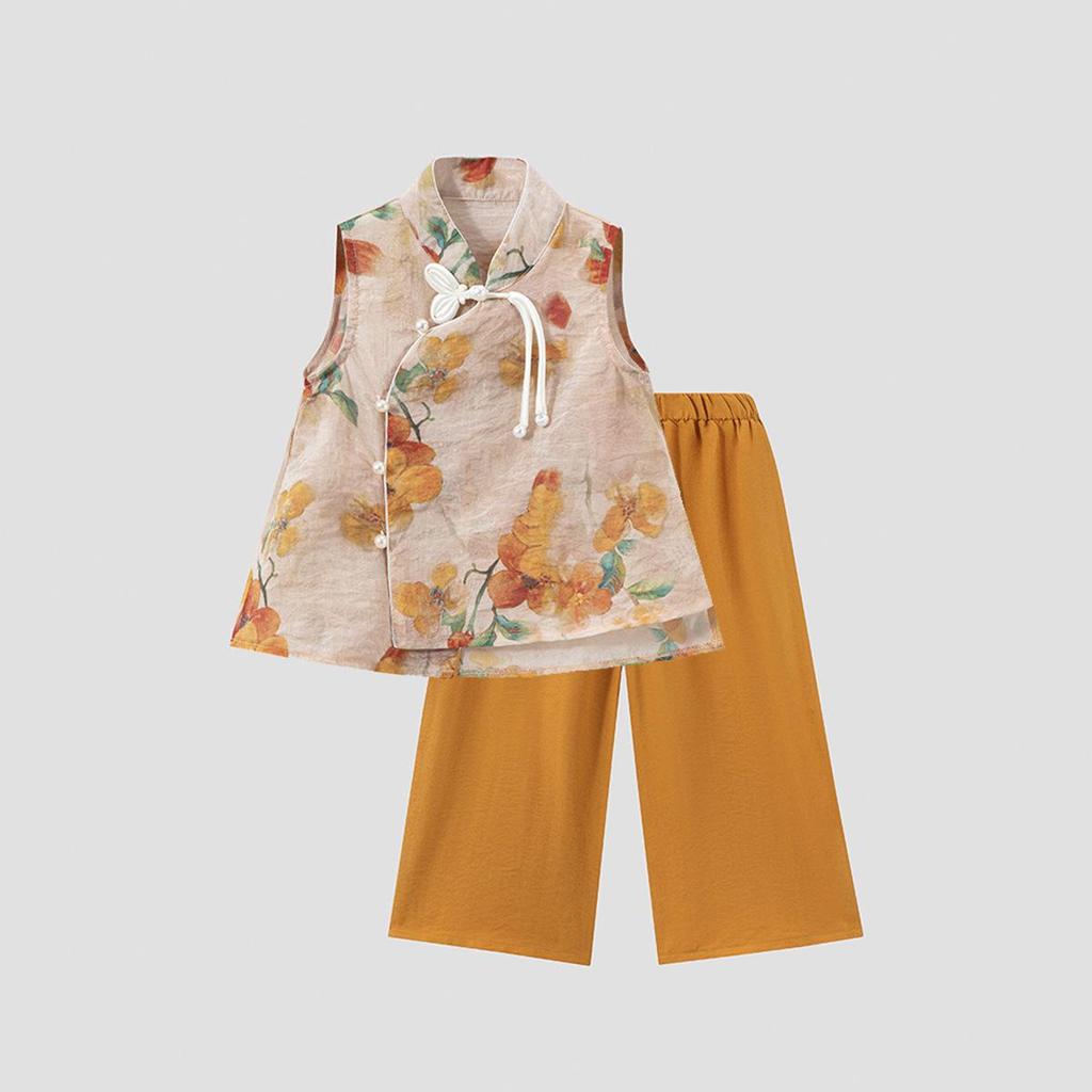 Летний ханьфу для девочек 2025: Новый топ в китайском национальном стиле и брюки широкого кроя, детский костюм-двойка.