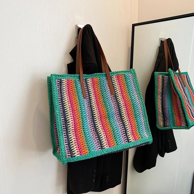 Striped Women's Beach Bag Large Capacity Feminine Shopper Straw Bag Shoulder Bag Travel Designer Summer New