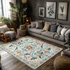 Cream Blue Green Floral Bohemian Rug, Orange Accent Non-Slip Living Room Carpet, Soft Vintage Style Home Decor Mat