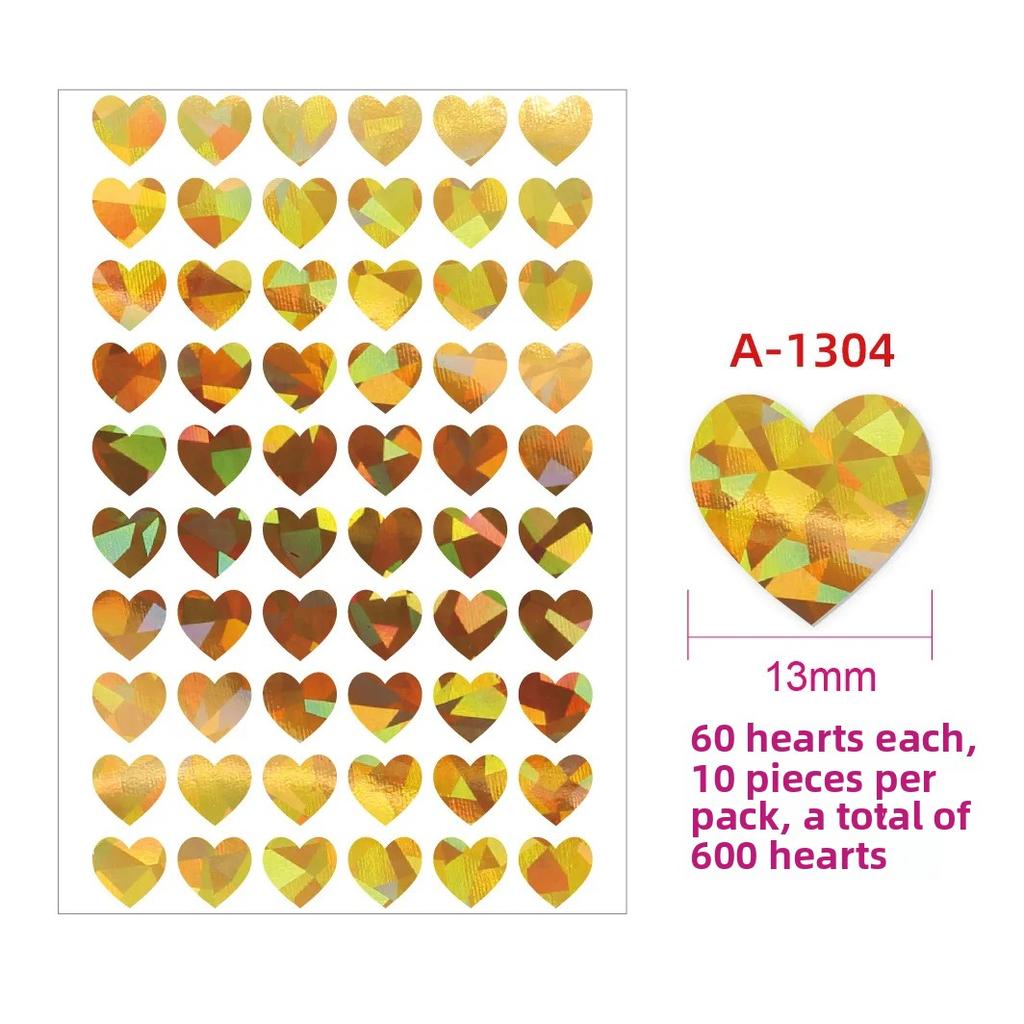 600pcs/10 Sheets Laser Hearts Love Stickers Glitter Adhesive Heart Sticker Labels For Student Planner Scrapbook
