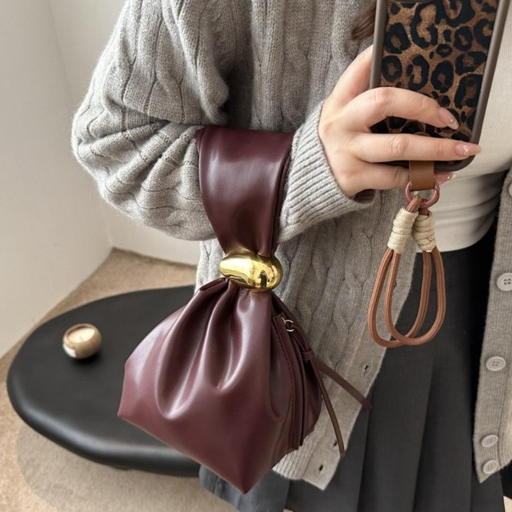 Solid color PU Leather Clutch Bag Side Zipper Pleated Bucket Bag Retro Party Evening Bag Daily