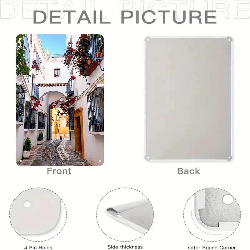 1 piece: Andalusian-style tin painting, Spanish white town street scene decorative painting, vintage wrought iron home wall deco