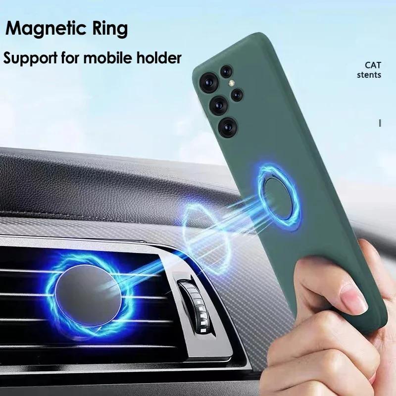 Магнитный жидкий силиконовый чехол-подставка для телефона Samsung Galaxy S24 S23 S22 S21 S20 Ultra FE S10 Plus с держателем для кольца и ремешком