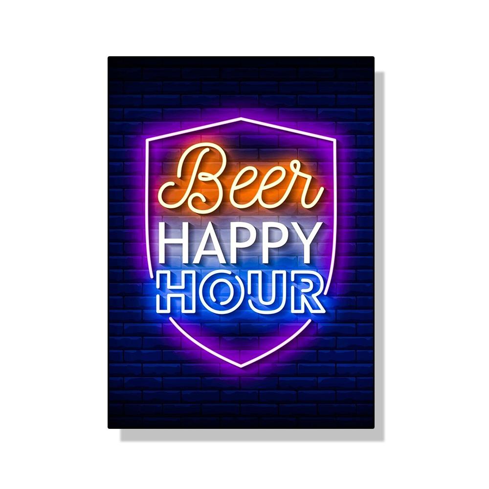 Неоновый эффект Пиво Happy Hour Паб Плакат Печать Холст Картина Настенная картина Для Бара Гостиная Домашнее украшение БЕЗ СВЕТОДИОДОВ