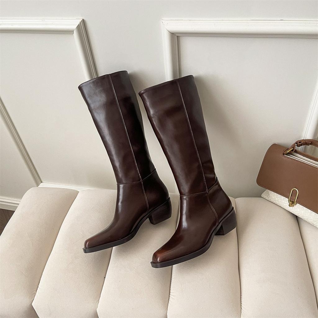 Версия из коровьей кожи~ Кожаные ботильоны на толстом каблуке в британском стиле, ретро, тонкие, полированные, высокие ботфорты, новинка осени и зимы