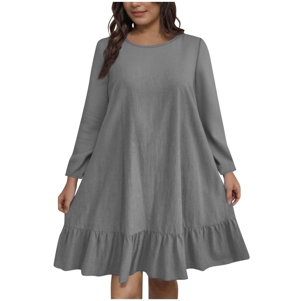 Women's Plus Size Casual Fashion Solid Color Round Neck Long Sleeves Dress