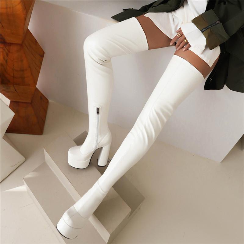Женские сапоги на высоком каблуке, сексуальные, в европейском и американском стиле, водонепроницаемые, на толстом каблуке, однотонные, большого размера, до колена