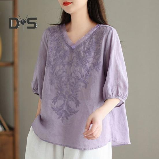 Women Summer Tops V-neck Half Sleeve Embroidery Pattern Pullover Tops Solid Color Loose Fit Commuting Style Tops