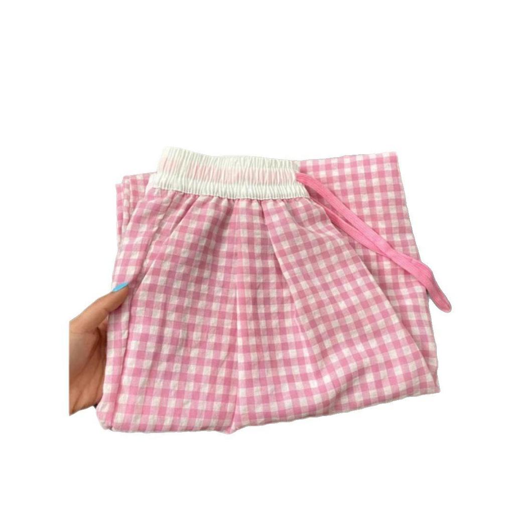 2025 Summer Women's Blue & White Check Fake Two-Piece Wide-Leg Casual Pants