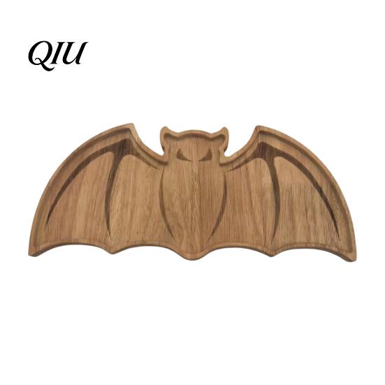 Occult Theme Ornaments Bat-Shaped Wooden Serving Tray, Halloween Snack Dessert Platter, Unique Holiday Gift Decorative Storage Plate for Jewelry