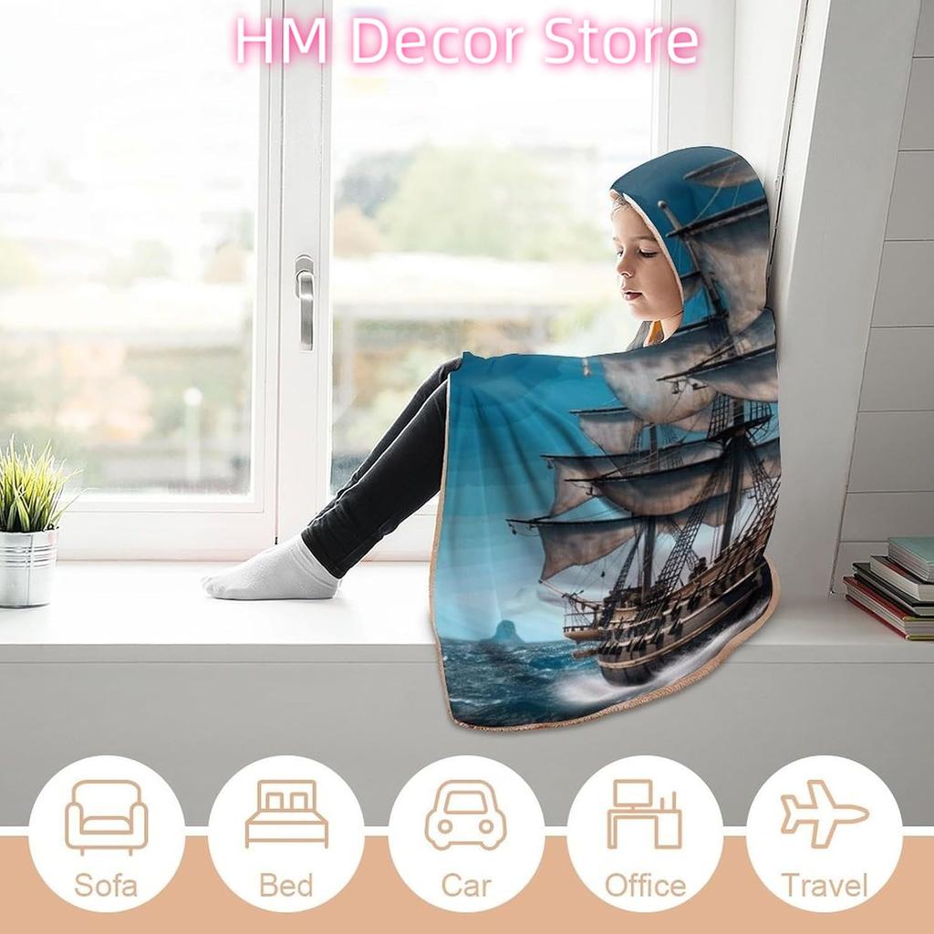 Pirate Ship Wearable Hooded Blanket, Ultra Soft Arctic Velvet Cape Cloak Unisex - Cozy Wearable Blanket