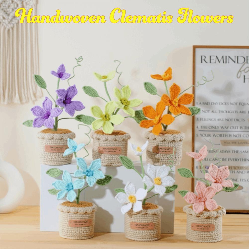 Unique Handwoven Crochet Flowers Potted Realistic Artificial Flowers Clematis Snowflake Yarn Knitted Flower Desktop Decoration