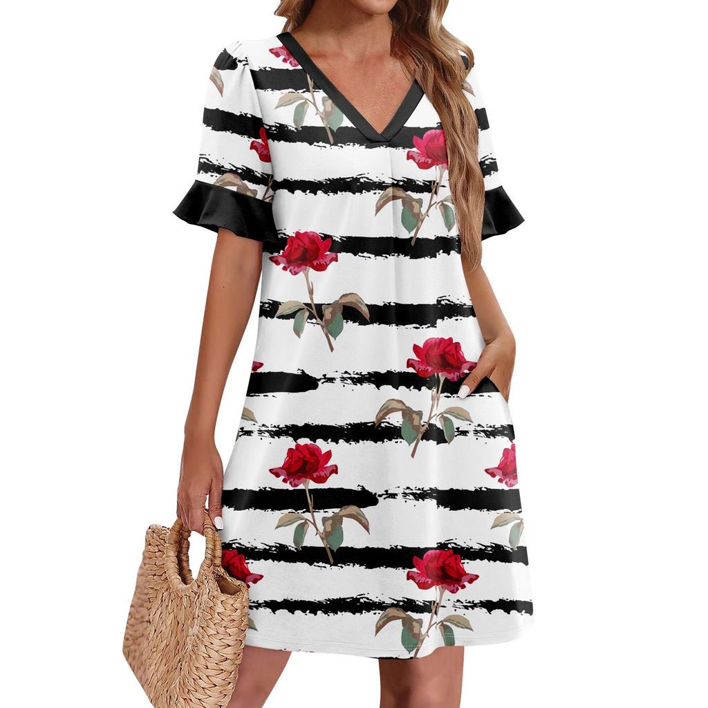 Летние платья для женщин с V-образным вырезом, оборками и коротким рукавом, повседневное свободное платье с принтом, пляжное платье с карманами