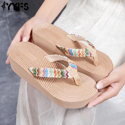 Женские летние шлепанцы-клинья из искусственной соломы - Удобные сандалии на толстой подошве для пляжа