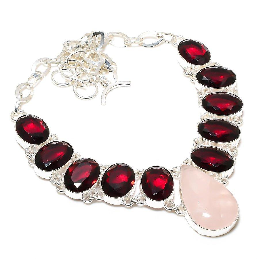 Rose Quartz, Garnet Gemstone 925 Sterling Silver Jewelry Necklace 18" I4I99