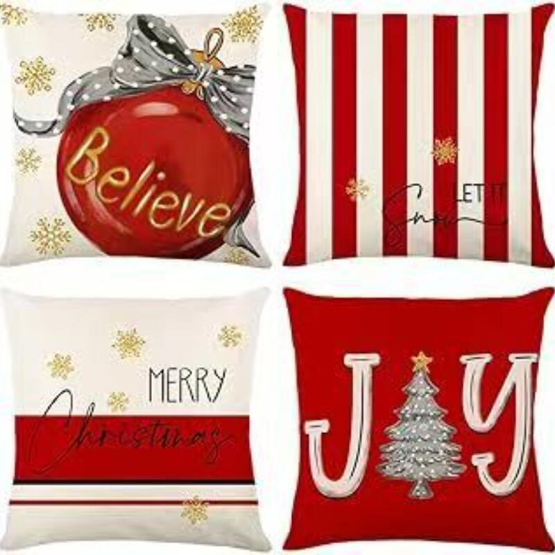 Набор из 4 двусторонних рождественских наволочек - Санта Снеговик Смесь льна Декор для дивана Праздничные акценты для дома