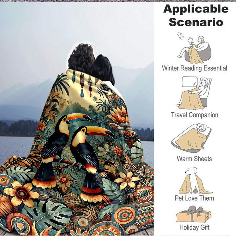 1pc Tropical Birds Blanket, Lightweight Flannel Throw Blanket For Sofa, Bed, Travel, Camping, Living Room, Office, Couch, Chair, And Bed