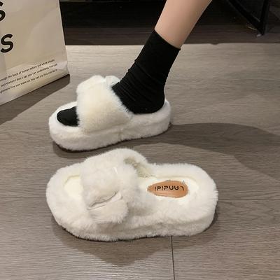 Женские плоские пушистые тапочки Зима Новые с круглым носком Открытый носок Замшевые Теплые Удобные Хлопковые Шлепанцы