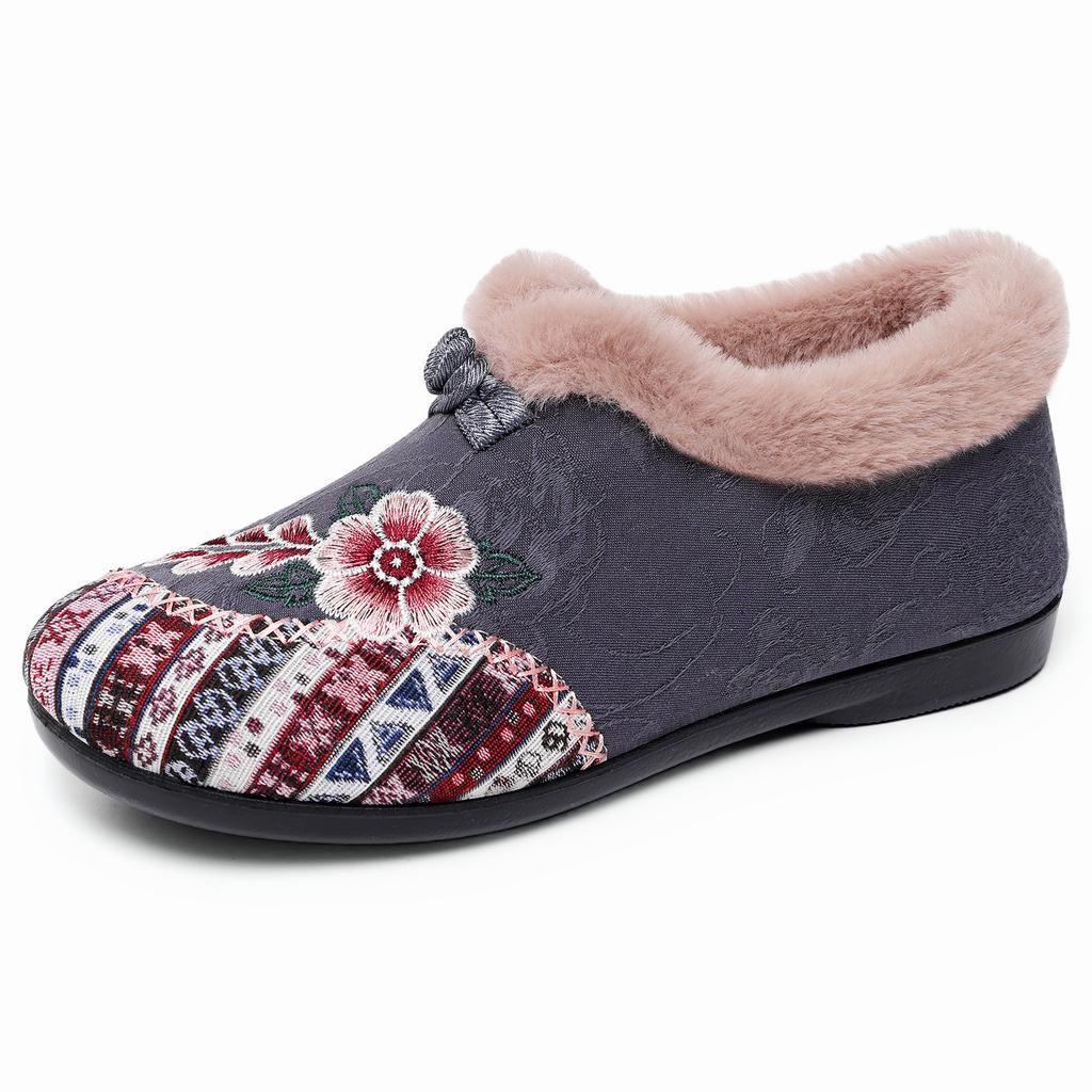 Women's Fleece-Lined Thickened Flat-Soled Embroidered Shoes for Middle-Aged and Elderly Women Chinese Ethnic Style Slip-On Mom Shoes